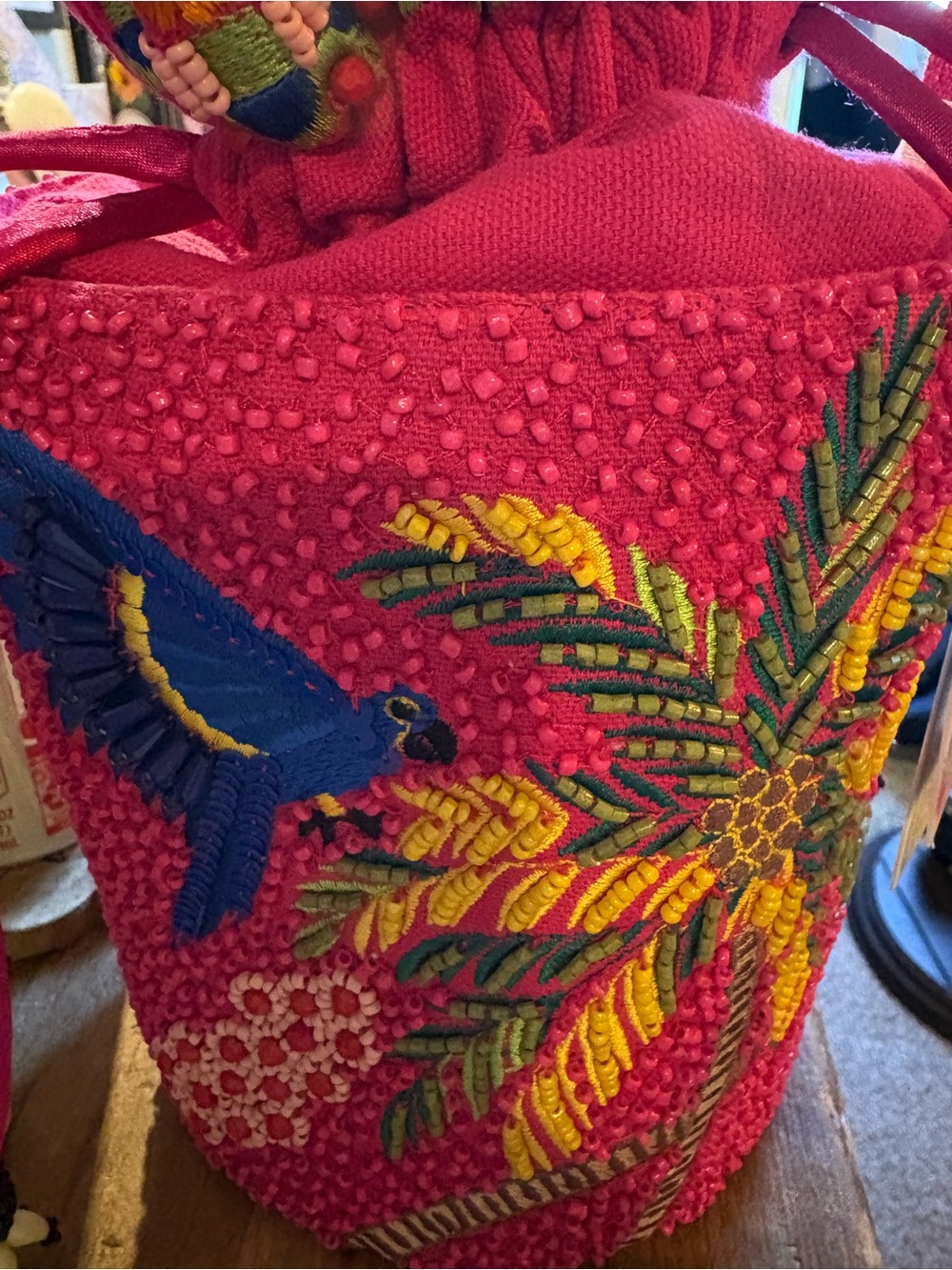 Hand-Embroidered Hot Pink Beaded Drawstring Mini Bag Viral Sloth Macaw Palm Tree - Picture 2 of 7